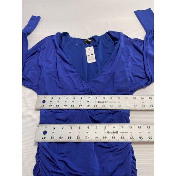 NWT bebe DOLMAN SLV SURPLICE DRAPED DRESS SIZE XS Blue - Picture 4 of 10